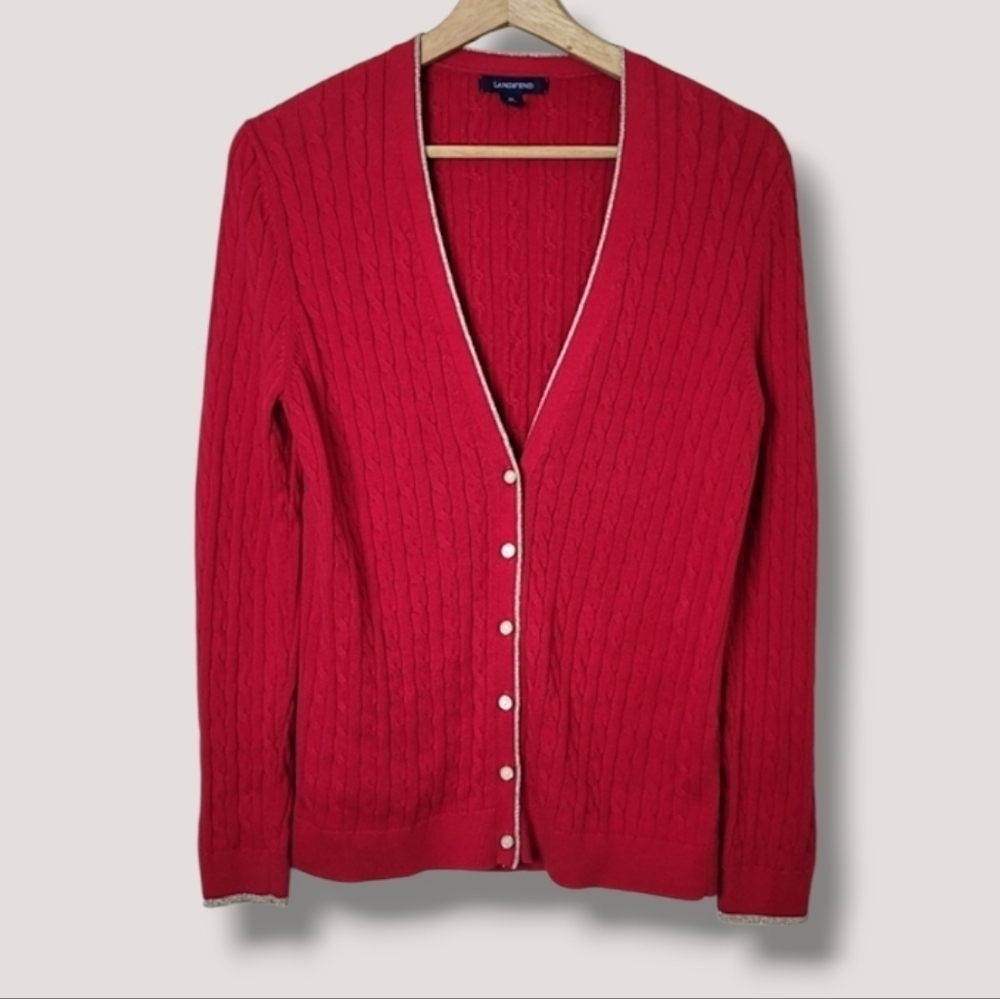 Lands End Red Cable Knit Cardigan Sweater Gold Trim Size M